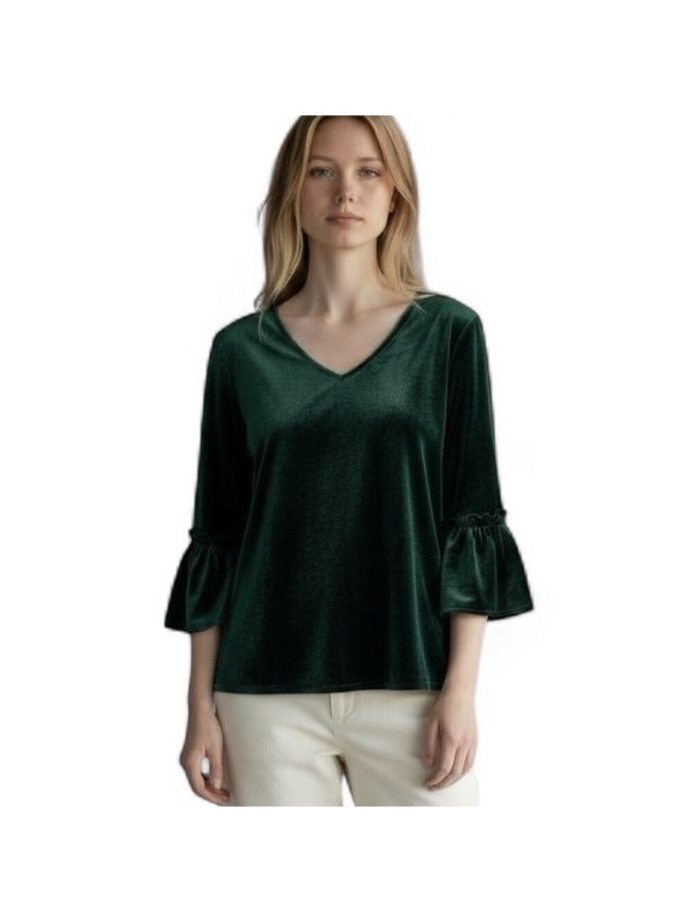 Belle by Kim Gravel Green Velveteen V Neck 3/4 Gathered Sleeve Tunic Top Large